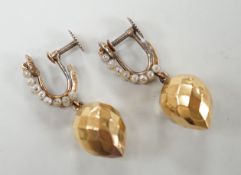 A pair of Victorian yellow metal and seed pearl 'facetted' drop ear clips, overall 34mm, gross