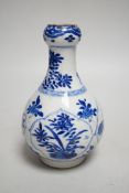 A Chinese blue and white garlic neck bottle, Kangxi period, 16cm, neck cut down Provenance - UK
