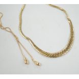 A modern 9ct gold graduated curblink necklace, 39cm and an Italian Uno-A-Erre 375 twin drop