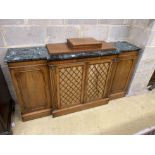 A George III style green marble topped breakfront mahogany side cabinet, width 168cm, depth 40cm,