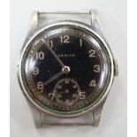 A 1930's/1940's? stainless steel Zenith black dial manual wind wrist watch, case diameter 30mm, no