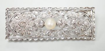 A 1920's white metal, pearl and diamond cluster set rectangular brooch, 43mm, gross weight 5.8