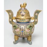 A Chinese cloisonné enamel tripod censer and cover, 22cm including cover