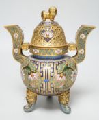 A Chinese cloisonné enamel tripod censer and cover, 22cm including cover