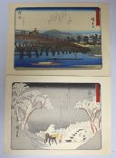 Hiroshige, two woodblock prints, Views along the Tokaido Road, overall 21 x 29cm, unframed