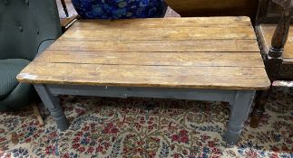 A Victorian part painted rectangular pine coffee table, (cut down dining table), length 120cm, width