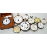 Ten assorted base metal pocket watches including two Goliath one by Bishop of Bournemouth.