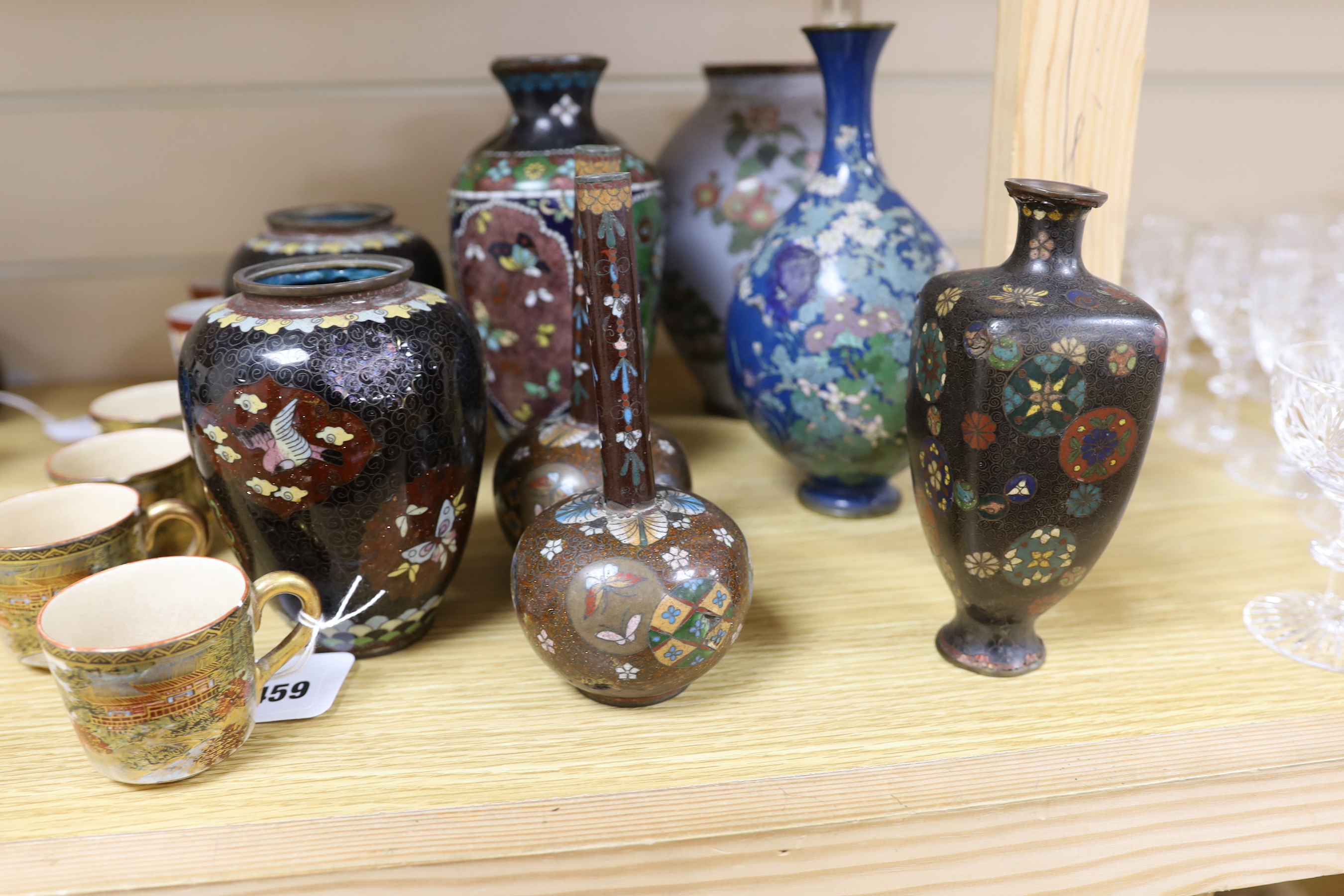 Assorted Japanese cloisonné enamel and satsuma pottery wares, tallest 20cm high - Image 3 of 4