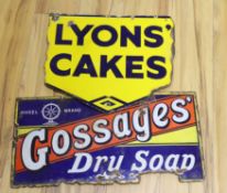 Two enamel advertising signs: Wheel Brand Gossages’ Dry Soap and Lyons' Cakes, widest 59cm