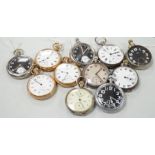Eleven assorted gold plated or base metal pocket watches including three Waltham and Doxa military