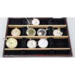 Eight assorted base metal pocket watches including Longines and Acme Lever.