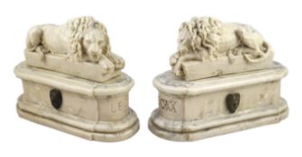 After the Antique. A pair of marble resin models of the Medici lions, each seated upon an oblong
