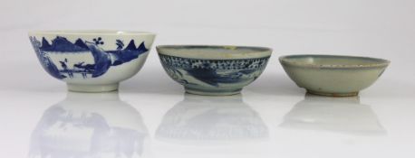 Two Chinese Ming blue and white bowls and a 19th century Chinese blue and white bowl, largest 13.5