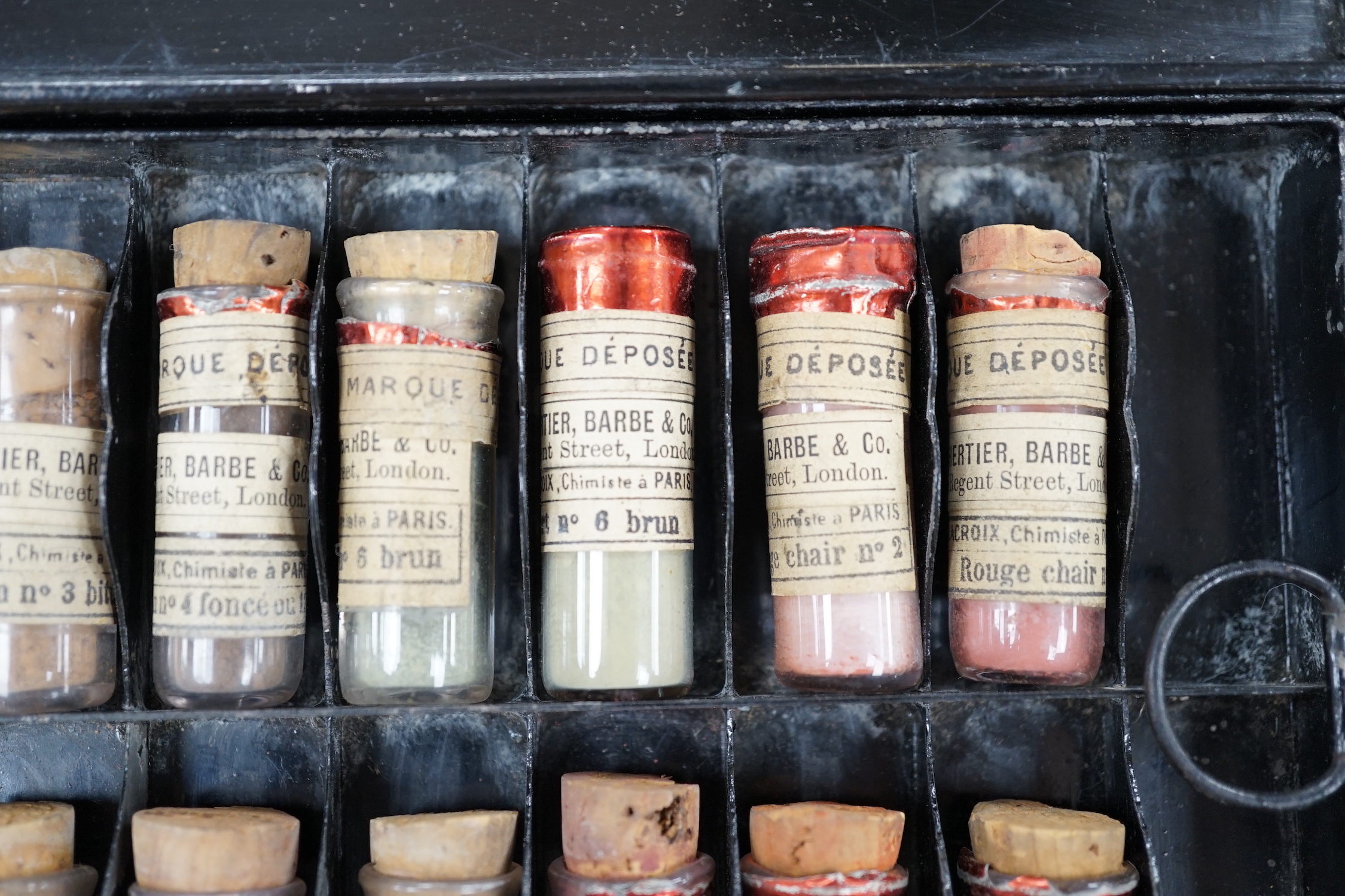 A black artist's tin box, with fitted interior, containing glass phialls of coloured shades of - Image 5 of 8