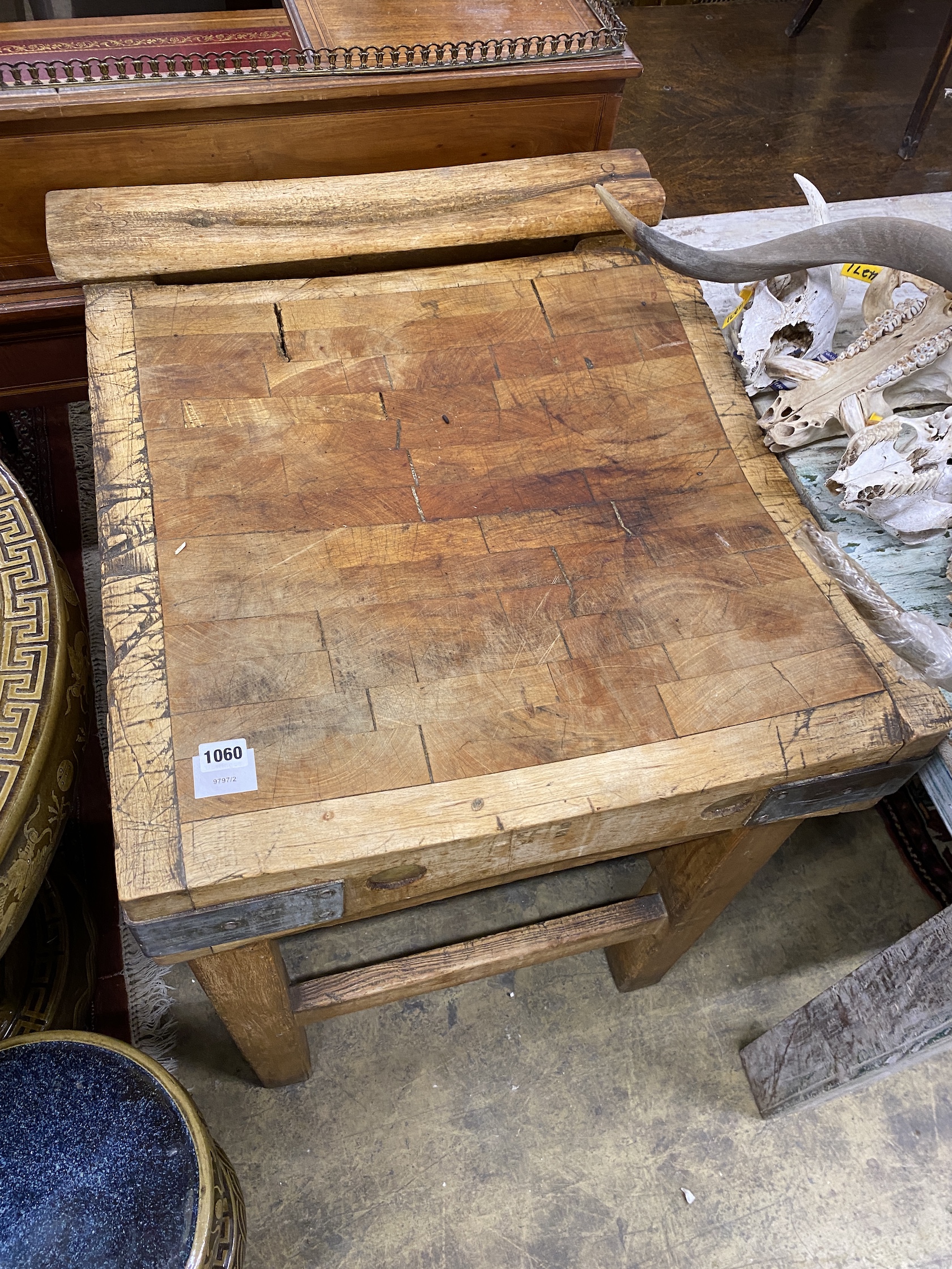 A Victorian iron bound pine butcher's block, width 61cm, depth 70cm, height 86cm - Image 2 of 2