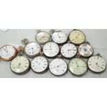 Twelve assorted silver or base metal picket watches including chrome Omega, Searle & Co and gold