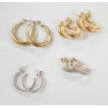 Two modern pairs of 9ct hoop or half hoop earrings and two pairs of 9ct and diamond chip set
