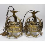 A pair of hanging lanterns with glass shades, 29cm high not including chain and rose