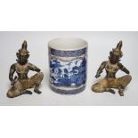 An 18th century Chinese export blue and white mug and two Thai bronze figures, mug 13cm tall