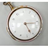 A George III pair gilt metal and polychrome enamel pair cased keywind verge pocket watch by Dubois &