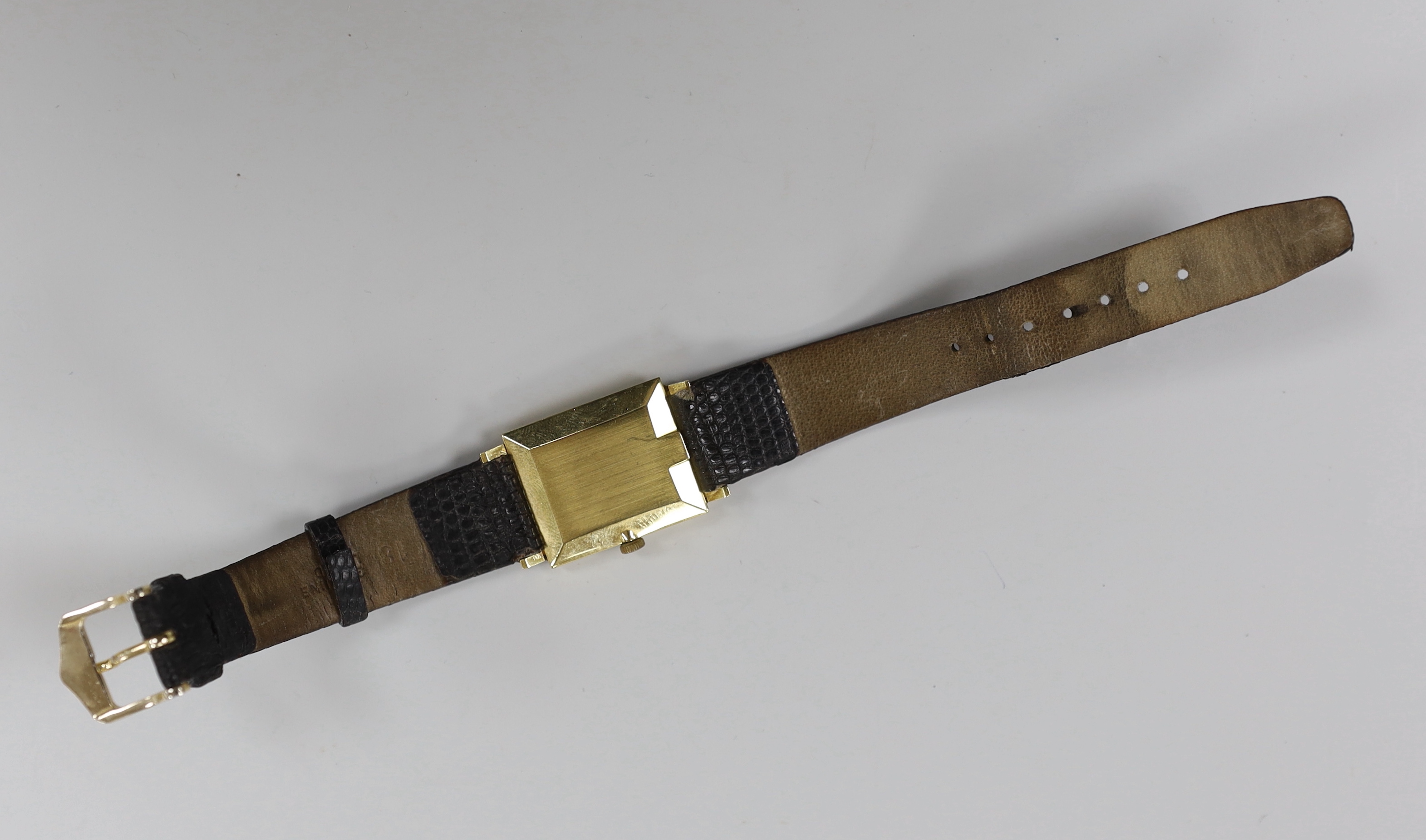 A gentleman's 18k Omega manual wind rectangular dress wrist watch, on associated leather strap, case - Image 3 of 3