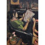 Ken Moroney (1949-2018), oil on board, Seated woman reading a newspaper, signed, 39 x 28cm,