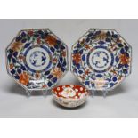 A Japanese Fukagawa bowl and a pair of Imari octagonal dishes, largest 24cm diameter