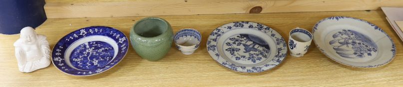Two Chinese export plates, a prunus dish, tea bowl and cup, a crackleware bowl and a Buddha,