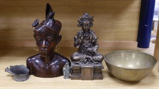 Two Chinese bronze figures, a similar bowl, an iron, and a Balinese wood bust etc, deity 32cm high