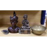 Two Chinese bronze figures, a similar bowl, an iron, and a Balinese wood bust etc, deity 32cm high