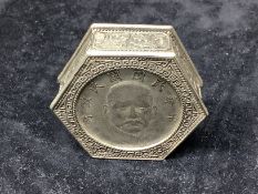 An unusual Chinese coin inset hexagonal box and cover, 5cm wide