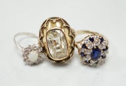 Three assorted rings, including gem set stamped 18c.