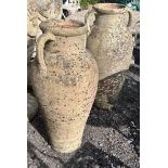 A near pair of earthenware amphora garden ornaments, tallest 80cm