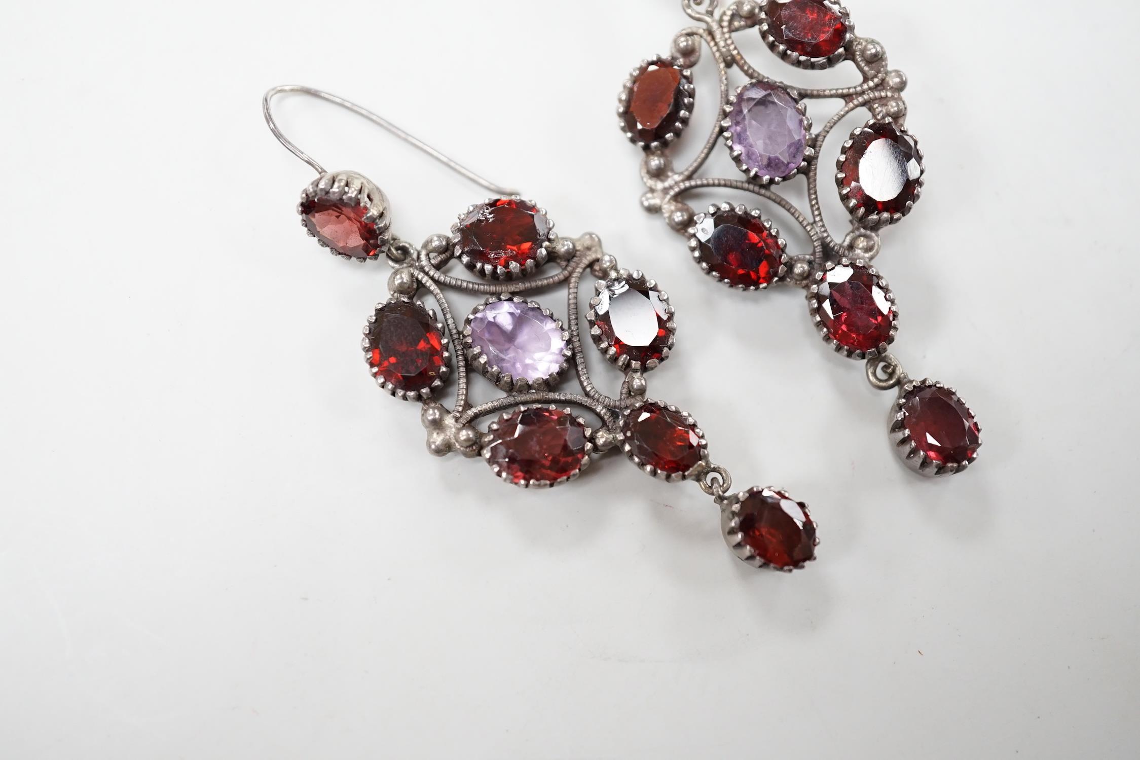 A pair of late 19th/early 20th century white metal and two colour paste cluster set drop earrings, - Image 2 of 4