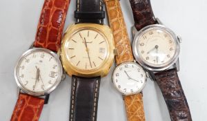 Three assorted gentleman's steel or gilt wrist watches, including retailed by Buhre and a lady's