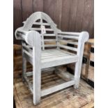 A Lutyens style weathered teak child's garden chair, width 48cm, depth 32cm, height 62cm