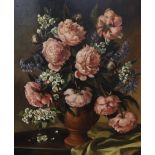 Joyce Byatt, oil on board, Still life of peonies and other flowers in a vase, signed, 88 x 71cm