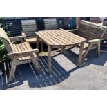 A rectangular slatted teak garden table, length 130cm, width 96cm, height 79cm, together with a pair