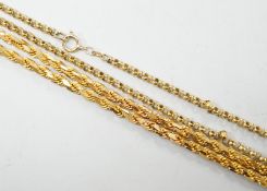 A yellow metal (stamped 916) chain, 70cm, 42.9 grams and a gold plated chain.