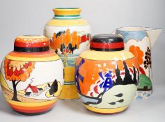 Two Clarice Cliff reproduction Bizarre designed jars, a vase and a jug (decoration a.f.), tallest