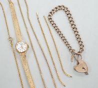 A 9c graduated curb link bracelet, a 9ct chain, a damaged 9k bracelet and a lady's 9ct gold wrist