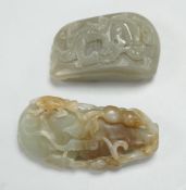 A Chinese green and russet green and brown jade carving of gourd and a green jade pebble carved in