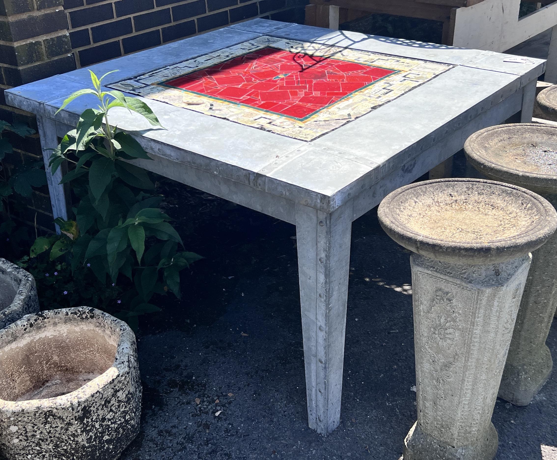 A square mosaic topped zinc garden table, width 122cm, height 77cm - Image 5 of 8