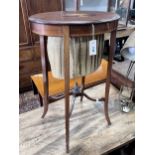 An Edwardian marquetry inlaid oval mahogany work table, width 52cm, depth 37cm, height 78cm