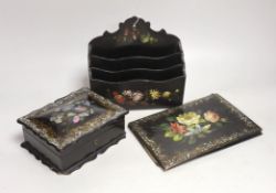 A Victorian mother of pearl papier mache box and blotter and a similar letter rack, box 17.5cm wide,