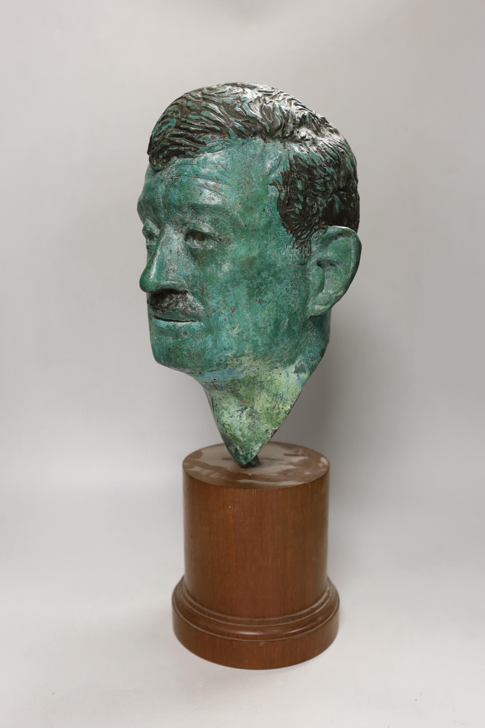 A verdigris metal head of a gentleman mounted on a wooden stand, 48cm high - Image 2 of 3