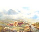 J. Norman Bradley (fl.1880-1910), oil on canvas, Highland cattle in a landscape, signed and dated