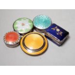 Three assorted silver and enamel boxes including a compact, one sterling and enamel box and one