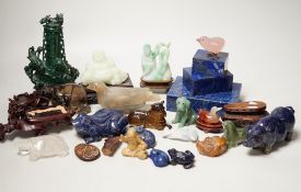 A collection of assorted Chinese hardstone carvings, boxes etc, including a Chinese jadeite