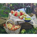 Boris Makhalov (Ukranian, b.1925), oil on card, Still life of apples, monogrammed 56 x 68cm